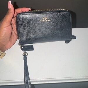 Coach Black Leather Wristlet Clutch with Gold Logo
